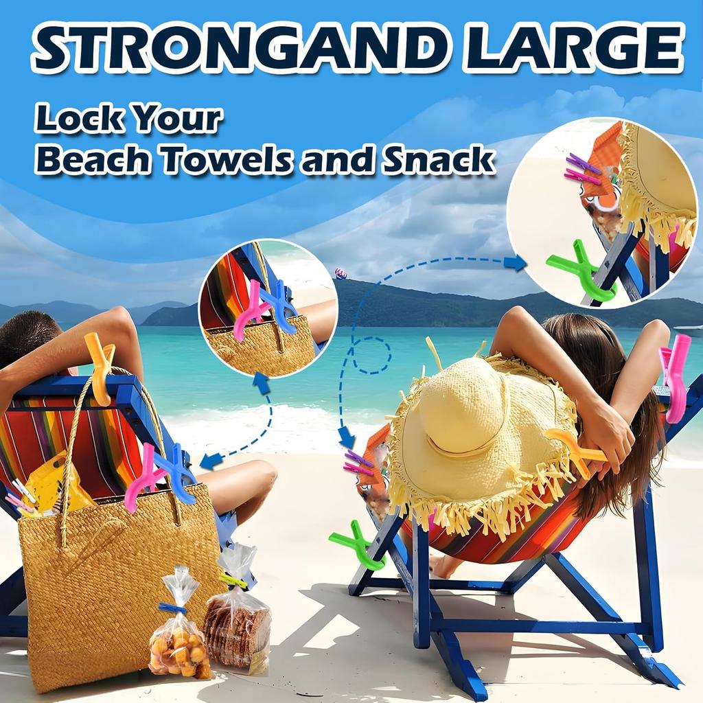 8PCS Large Beach Towel Clips for Beach Chairs, 3.7 Inch Windproof Towel Chair Clips for Beach/Pool/Cruise Chairs, Clothes P Heavy Duty 4 Colors