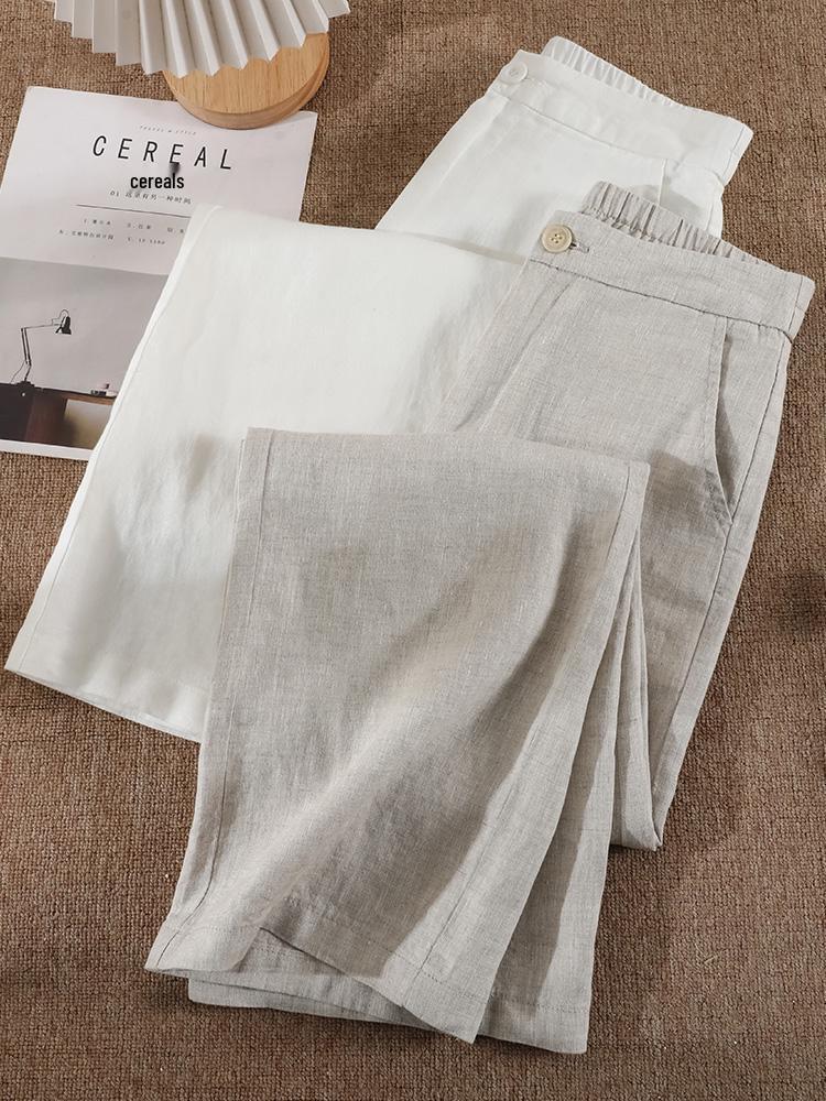 2026 New Style High Waist Pure Linen Wide-Leg Women's Pants - Thick Fabric, Good Drape, Cropped, Slimming, Casual Straight Leg.