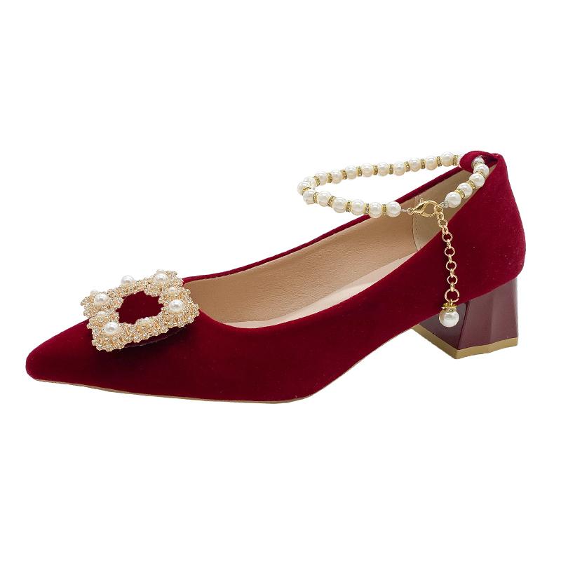 Fashion Women's Coarse Heel Shoes Autumn New Pointed Head Shallow Mouth Suede Butterfly Diamond-resistant Low Top Shoes