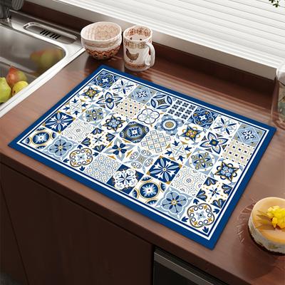 1Pcs Tapete de Secagem de Borracha Com Impressão Simples Azul Retro Para Cafeteria Cozinha Tapete Talheres Durável Tapete de Mesa de Lama Diatomácea Tapete para Animais de Estimação Utensílios de Café
