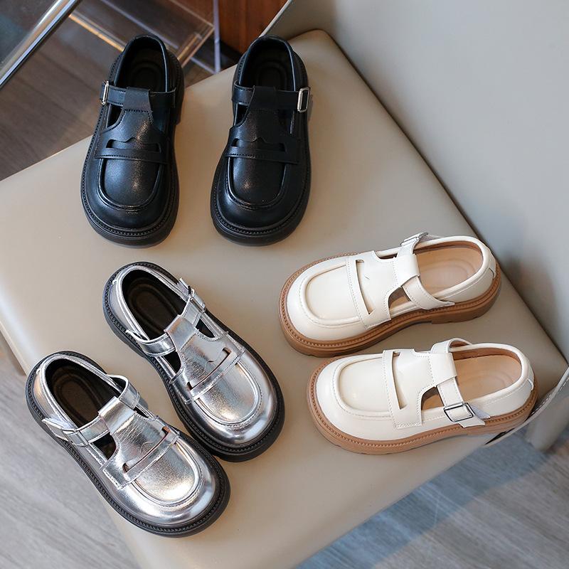 Girls Leather Shoes for Party Wedding 2024 Britain Style Fashion Sliver Children Princess Shoes Non-slip Kids School Flat Shoes