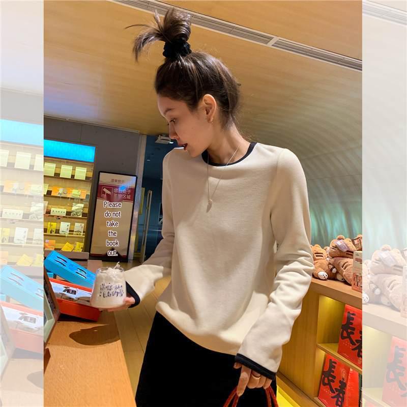 

Libelin Sisy Nuan Fufu Women s Ribbed Color Block Long Sleeve T-shirt, 310g Thickened Versatile Base Layer. M