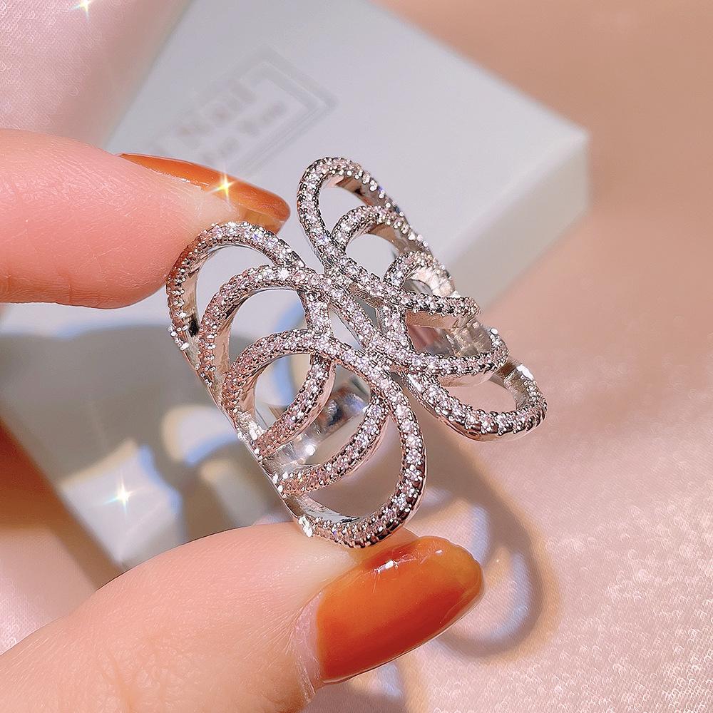 Hollow Winding Rattan Rings for Women Sterling Silver   Pave CZ Chic Female Anniversary Wide Ring Party with Stamp