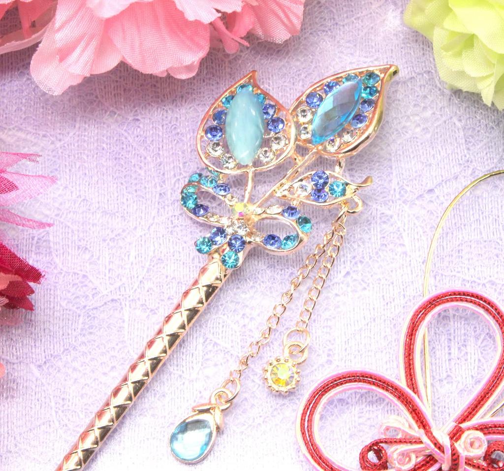 Miaomyao Single Hair Ornament for Kimono and Tulip Flower and Ribbon Pink Gold Hairpin, Tomesode, Metal, Pair, Couples, Motif, (Blue)