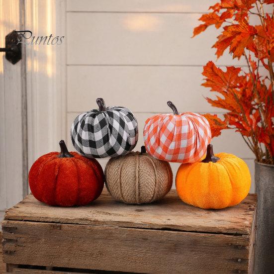 Burlap And Velvet Pumpkins 5 Pcs Fall Fabric Pumpkin Decor, Thanksgiving Farmhouse Stuffed Plaid Decoration, Harvest Small Faux for Home Table