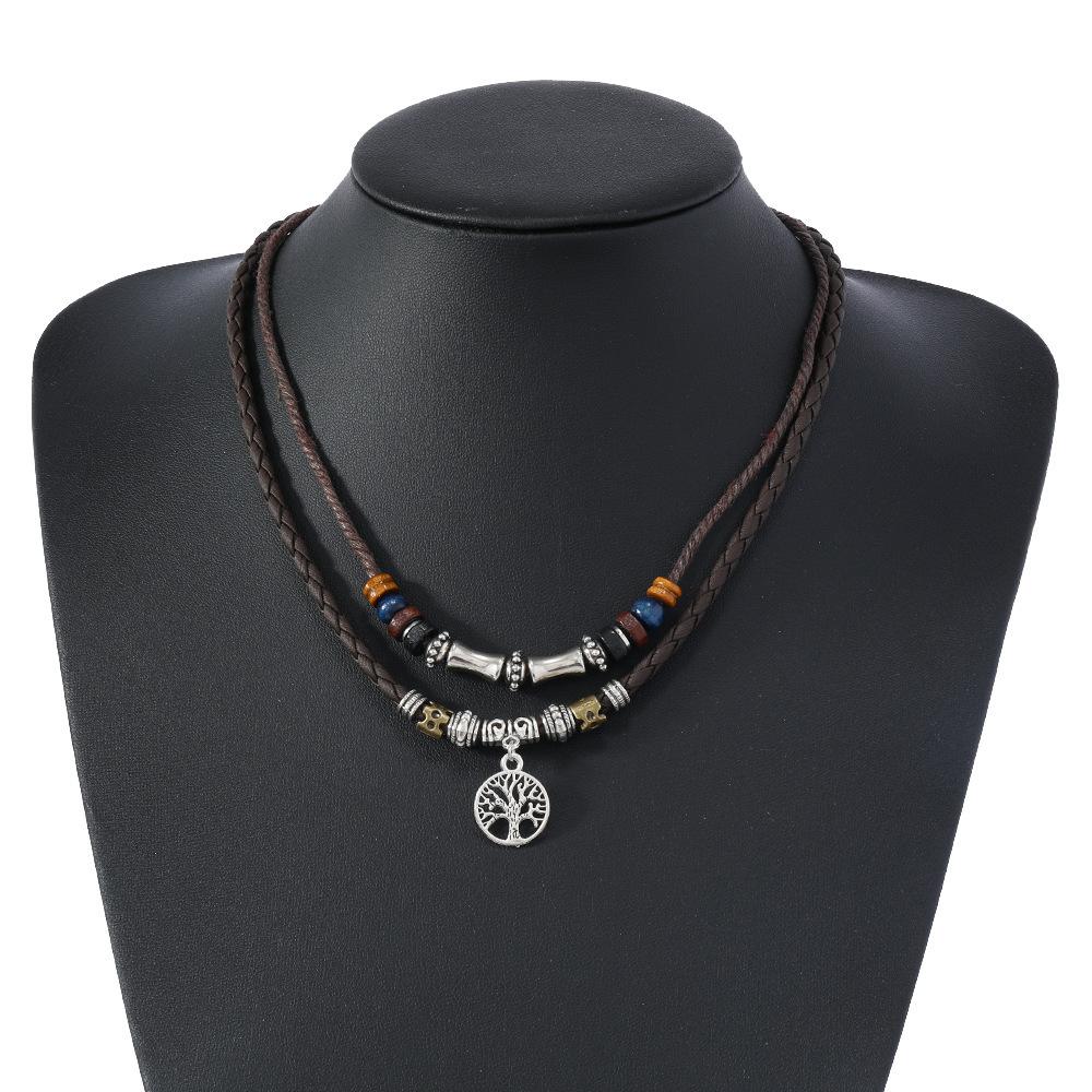Butterfly-shaped Wooden Beaded Double-layer Necklace, Women's Retro-style Woven Rope Collarbone Chain