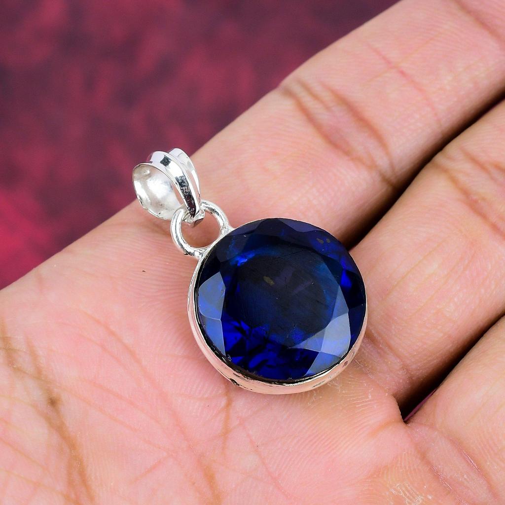 Blue Sapphire Pendant, Handmade Gemstone Pendant, 925 Solid Sterling Silver Pendant Antique Jewelry, For Engagement Gift