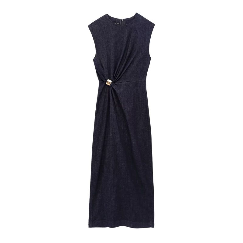 

Kaslead New Arrival Women s Clothing Fashion Style Fashionable Golden Inlaid Denim Midi Skirt Dress 2022576 Dark Blue L