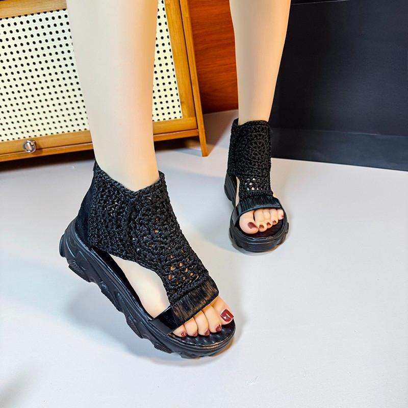 Women Sandals 2026 Hot Seller New Knitted Sandals Women Braided Elastic Summer Shoes Mesh Flat Bottom Hollow Out Female Sandals