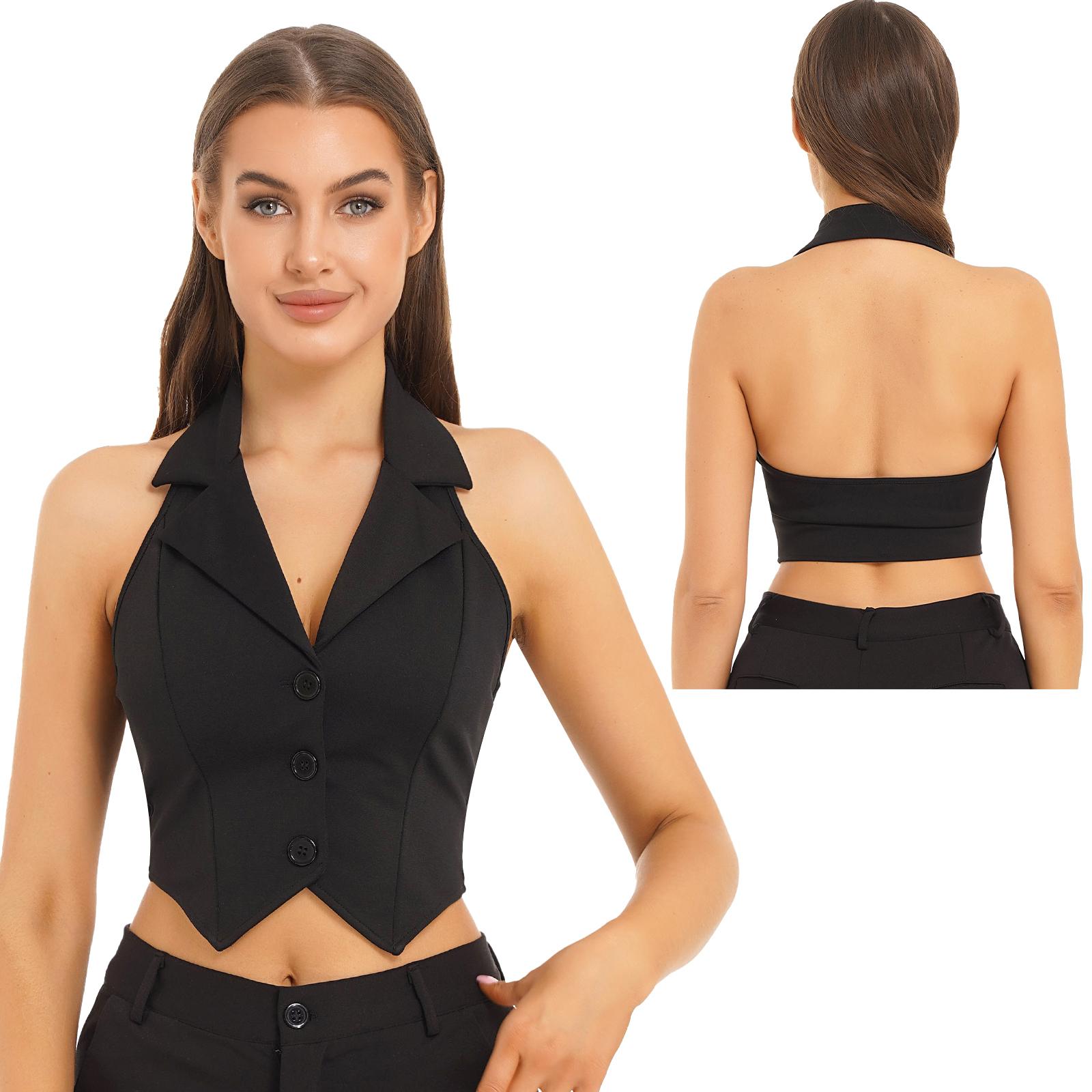 

Women Halter Backless Cropped Vest Tops Button Down Dressy Waistcoat Lapel Collar Casual Jackets