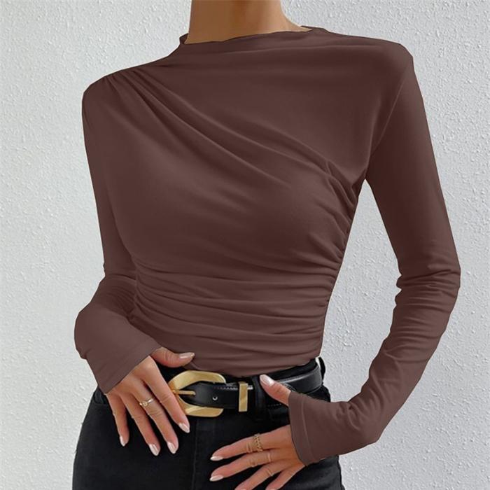 Ladies Spring Autumn Long Sleeve O Neck Solid Color Pleated Bodycon Pullover Casual T Shirt Top