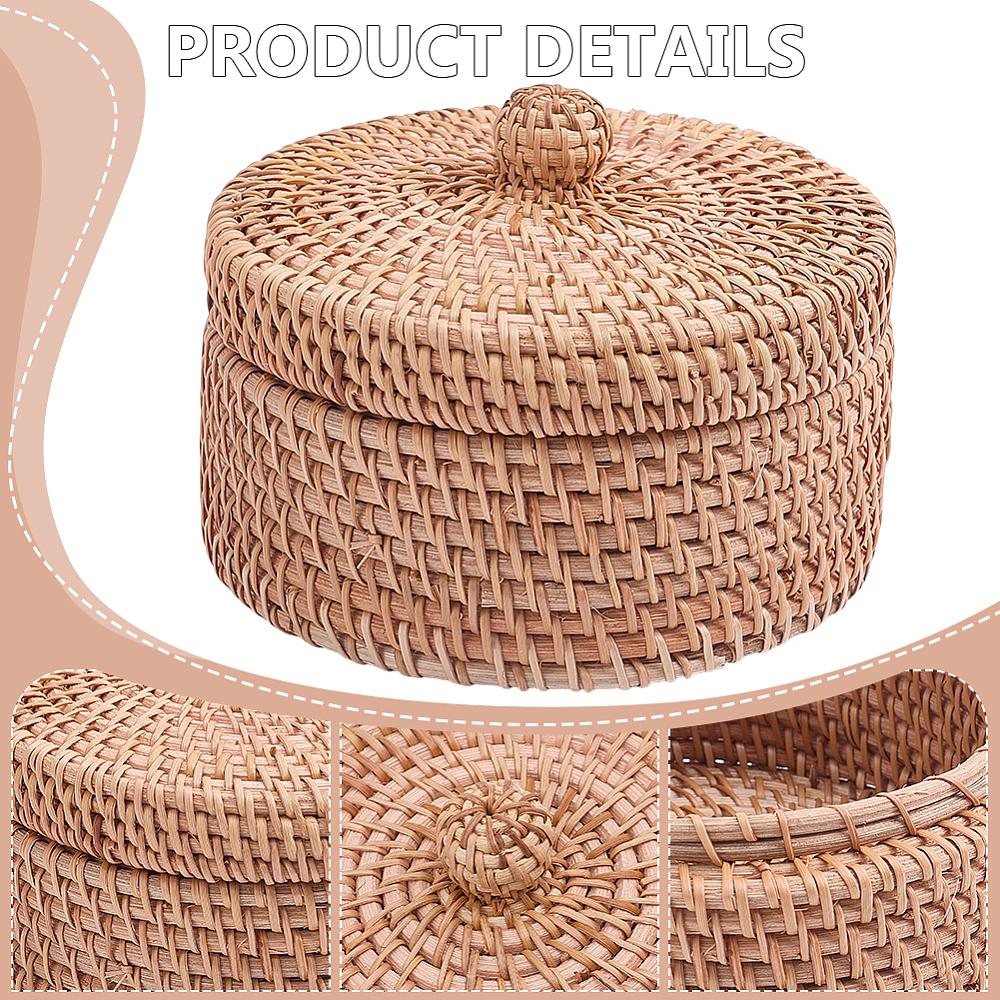 1pc Woven Rattan Round Storage box with Lid Camel 14x10.1cm