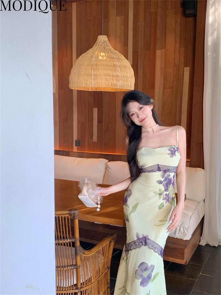 MODIQUE Summer Women Elegant Floral Print Casual Beach Backless Mesh Gauze Chiffon Girly Halter Long Dresses Lady Fairycore Atmosphere Hip Wrap Dress