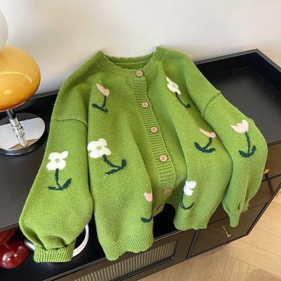 Woman Floral Jacquard Green Sweaters Forest Style Fashion Knitted Cardigan Autumn Versatile Lady Single Breasted Coat