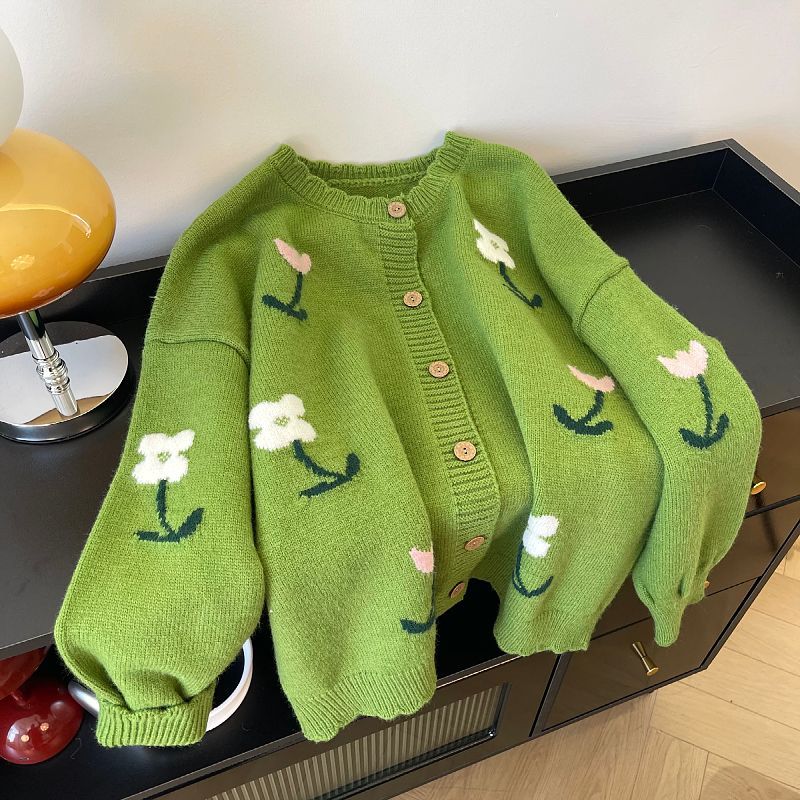 Woman Floral Jacquard Green Sweaters Forest Style Fashion Knitted Cardigan Autumn Versatile Lady Single Breasted Coat
