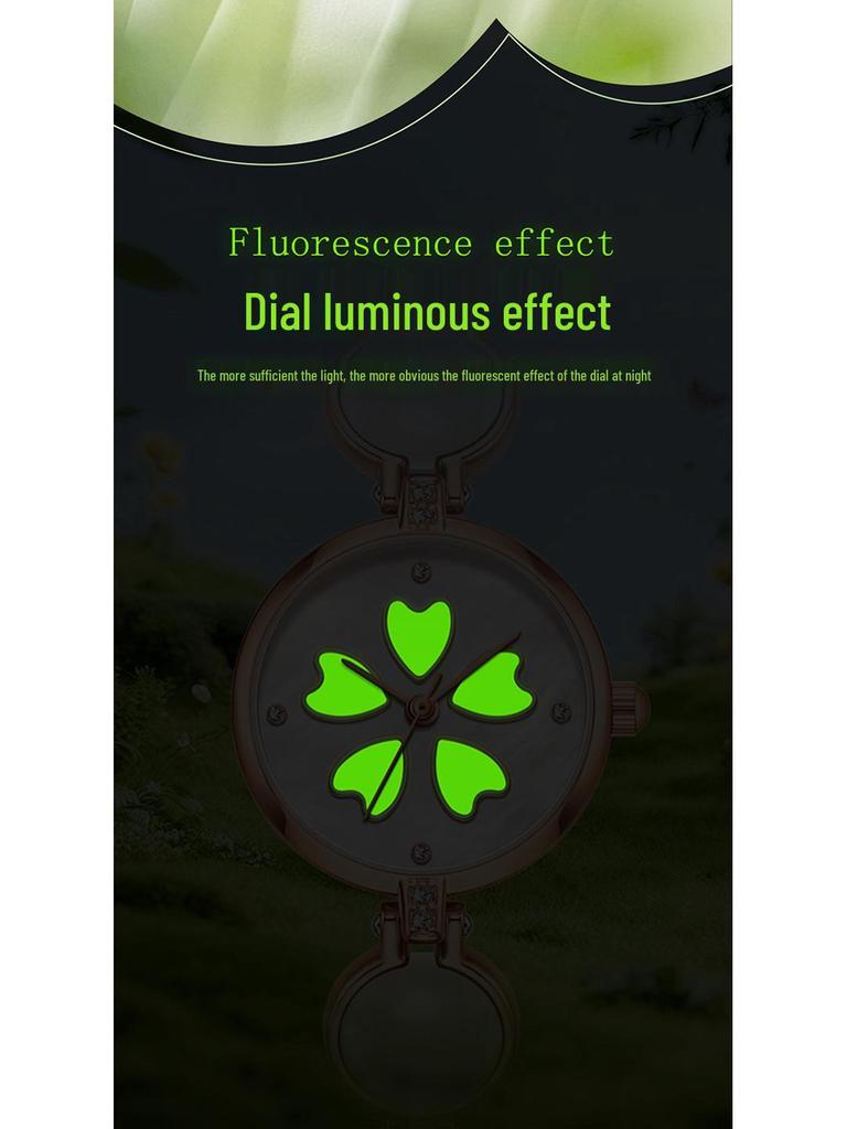 Moka Diamond Luminous Quartz Watch with Four-Leaf Clover Design, 30M Waterproof, Copper Band.