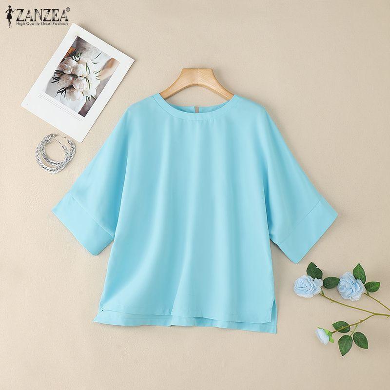ZANZEA Women Casual Round Neck Loose 3/4 Sleeve Blouse