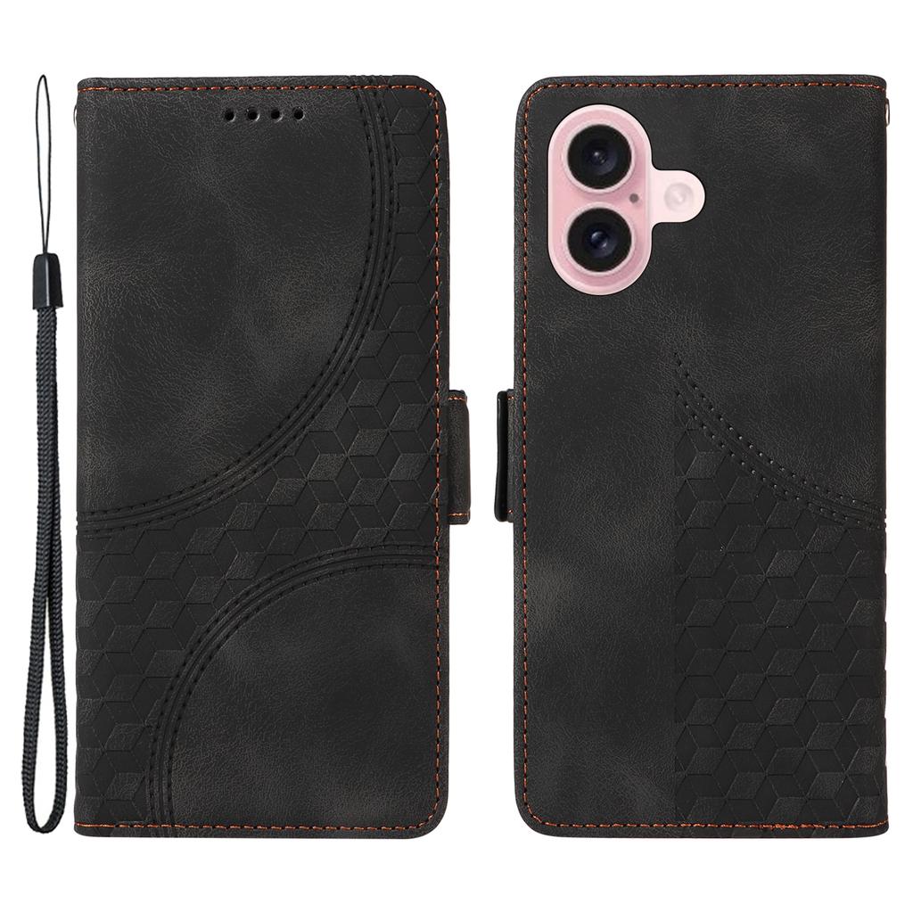 For iPhone 16 Leather Cases Wallet Rhombus Imprinted Phone Cover Stand with Strap