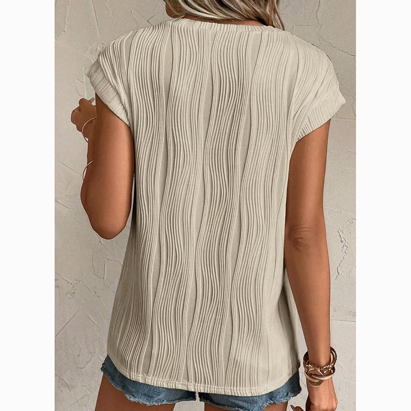 Fashion Tops Women Round Neck Pleated Slim Fit Summer T-shirt Short Flying Sleeve Blouse Women Solid Color Office Lady Tee Shirt 24135