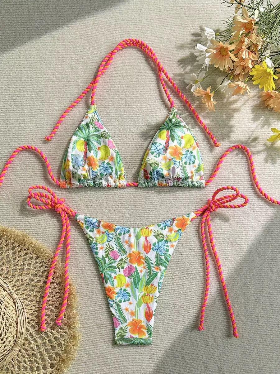 Ladies print split sexy lace-up bikini swimsuit beach tube top small fresh bikini swimsuit S