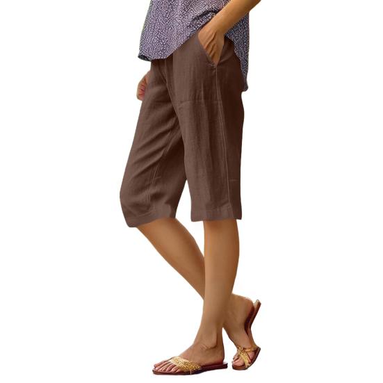 Women Shorts Elastic Mid-rise Straight Leg Knee-Length Pants with Pockets Solid Color Regular Style Shorts