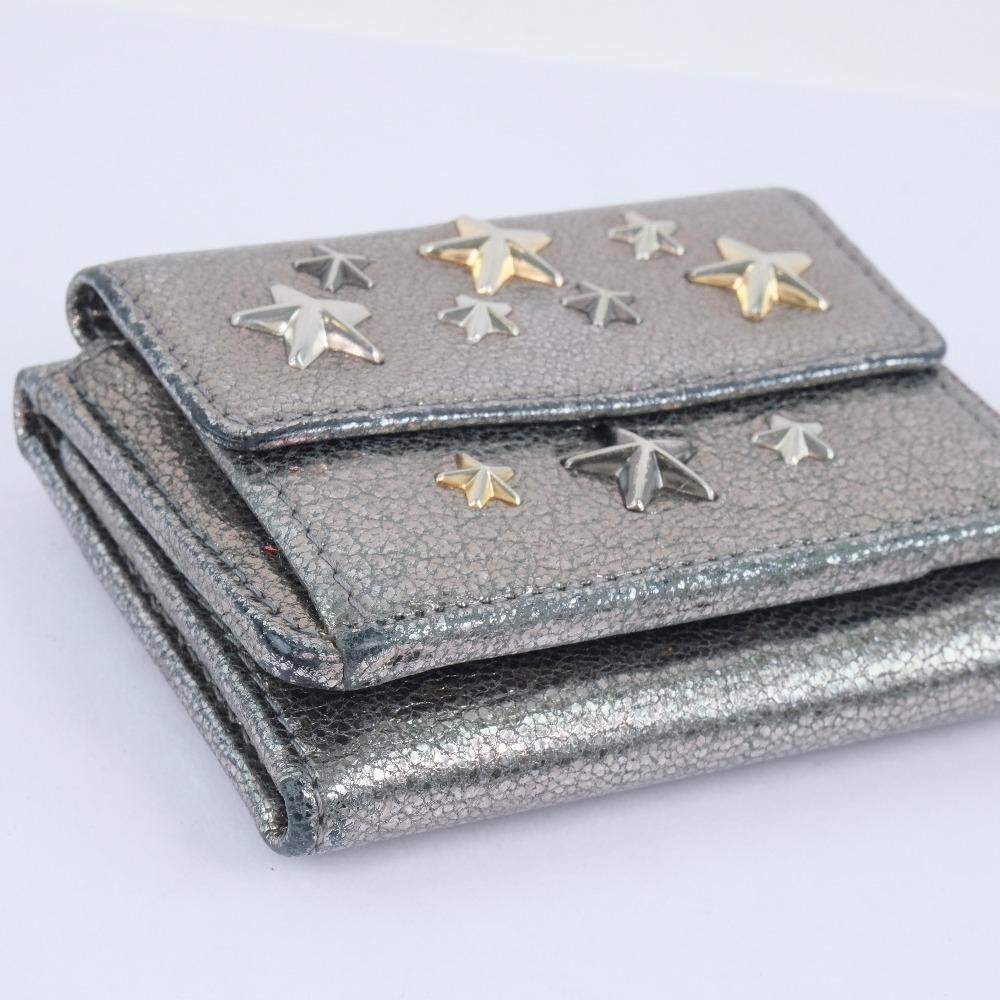 Jimmy Choo Star Studs Tri-fold Wallet Metallic Silver Calfskin Women Used