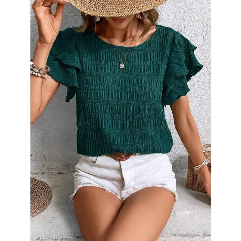 Women's Textured Ruffle Short Sleeve Blouse Summer Crew Neck Tops Dressy Casual Loose Fit Tee Shirts Beach Clothes
