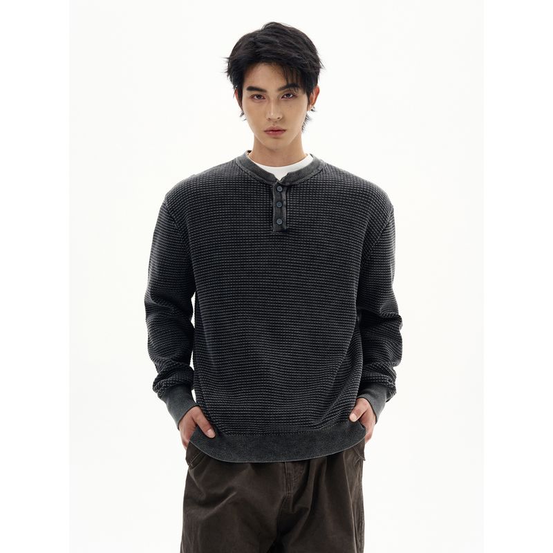 Kisko American Retro Waffle Henry Collar Work Clothing Long-Sleeved Men's and Women's High-End Loose Casual Knitted Tops