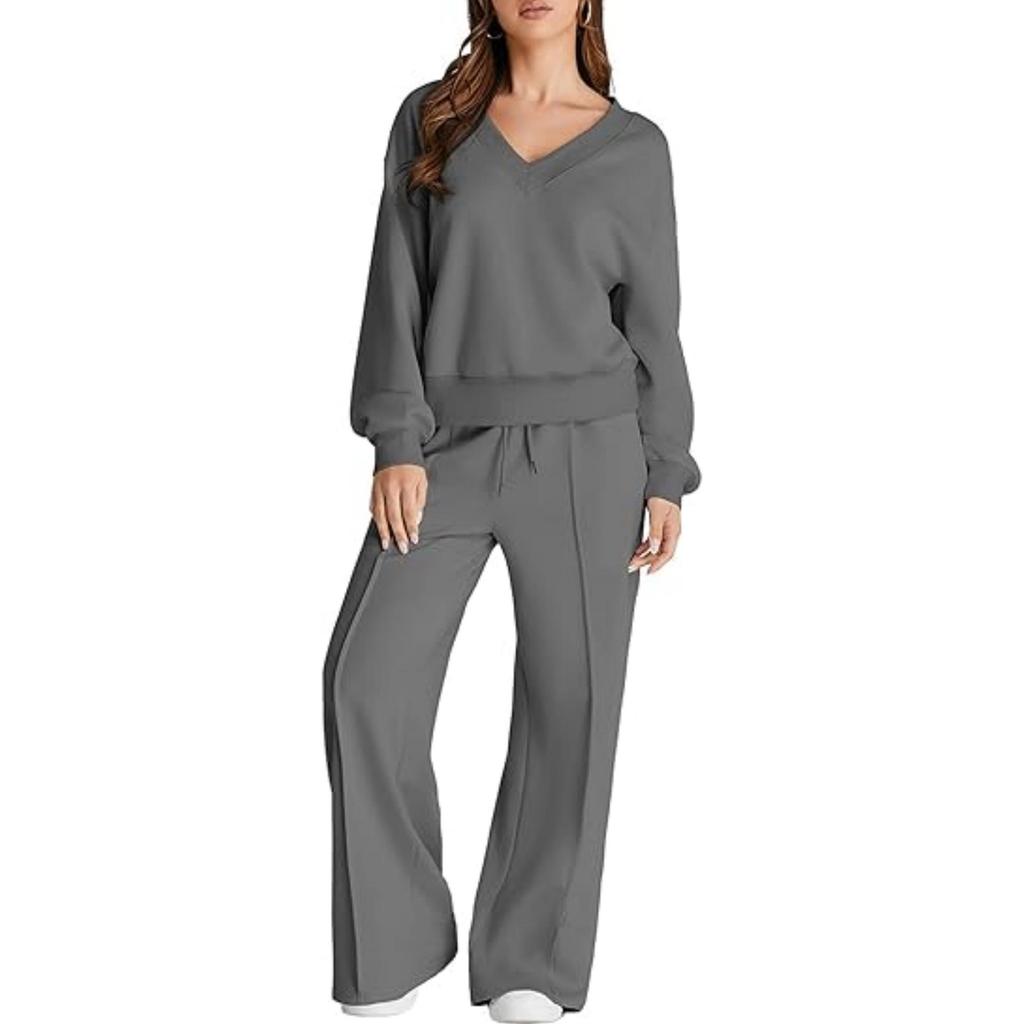 2025 Women's V-Neck Solid Color Casual Suit Set: Sweatshirt & Long Pants - European & American Autumn/Winter Fashion