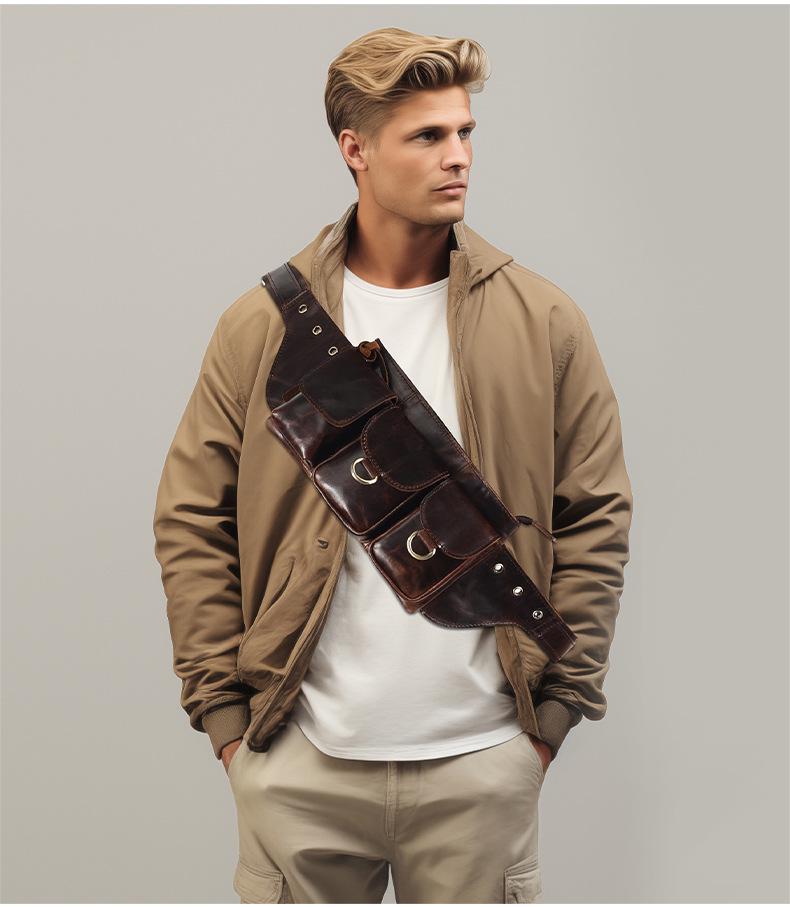 Men's Top Layer Cowhide Multi-Pocket Waist & Crossbody Bag - High-End Oil Wax Leather Retro Style