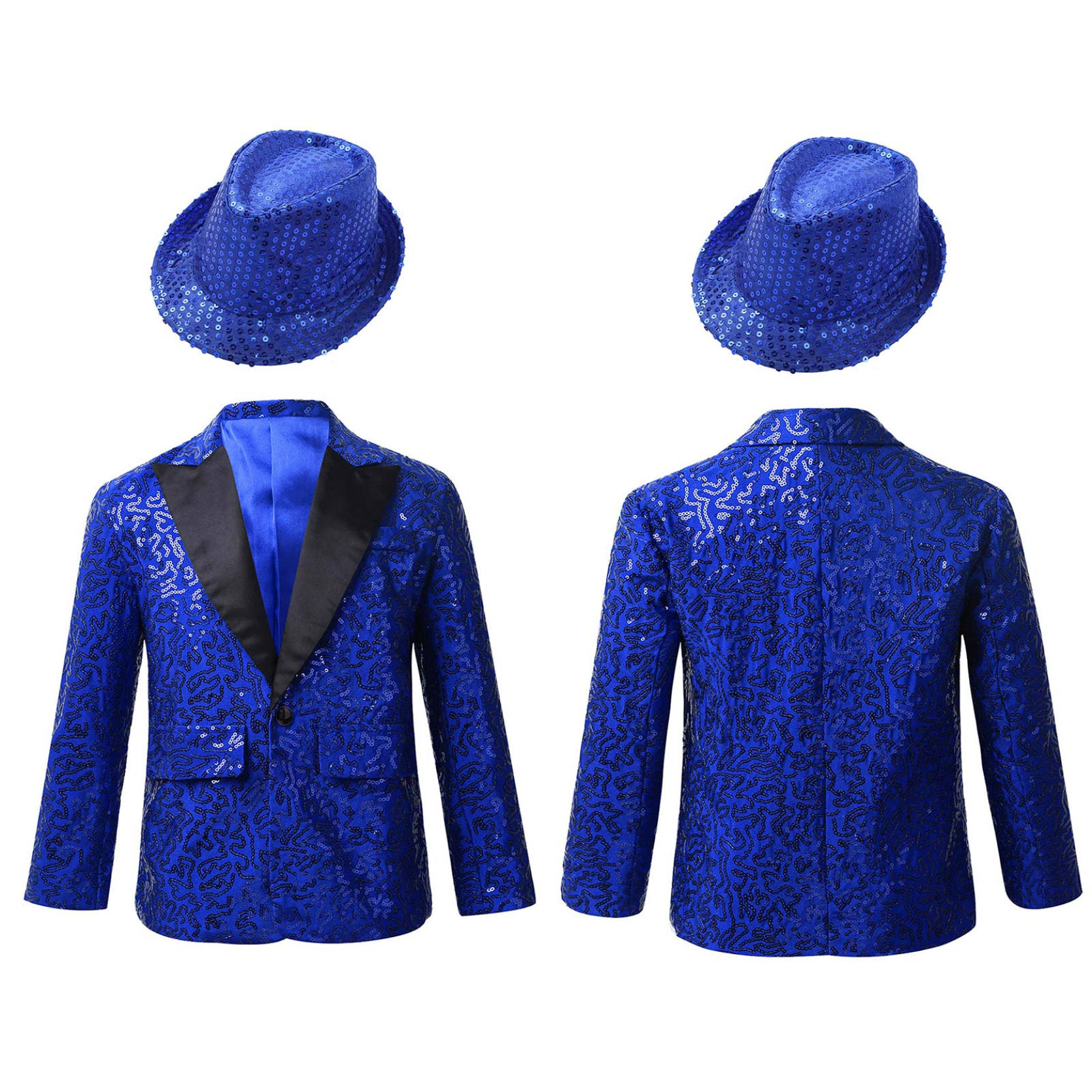 

Детский смокинг с длинными рукавами и лацканами для мальчиков, блестящие блестки, костюм, куртка, пальто со шляпой для танцевального выступления, банкета, вечеринки 7-8 Years синий