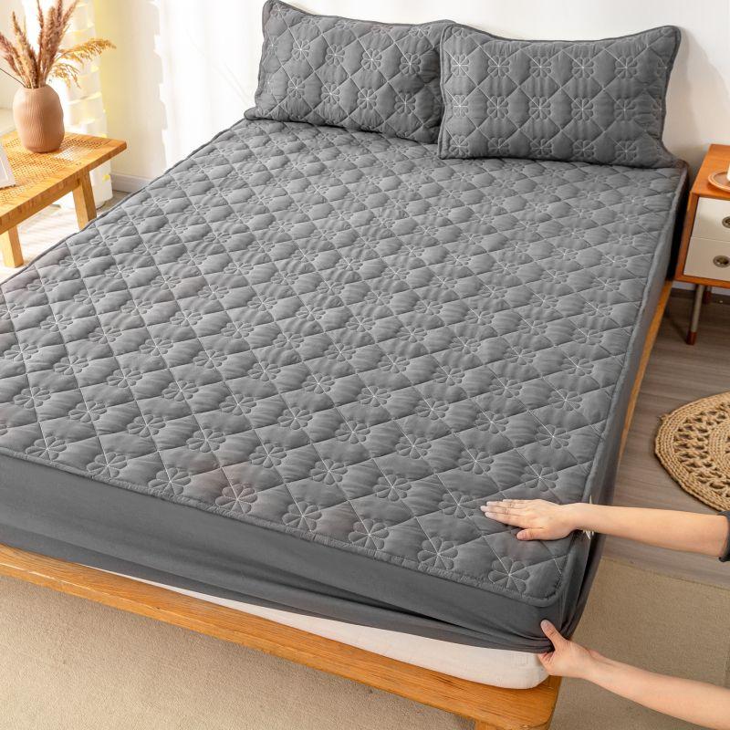 Simple solid color cream wind padded fitted sheet 3-piece set four-leaf clover pattern mattress cover student dormitory