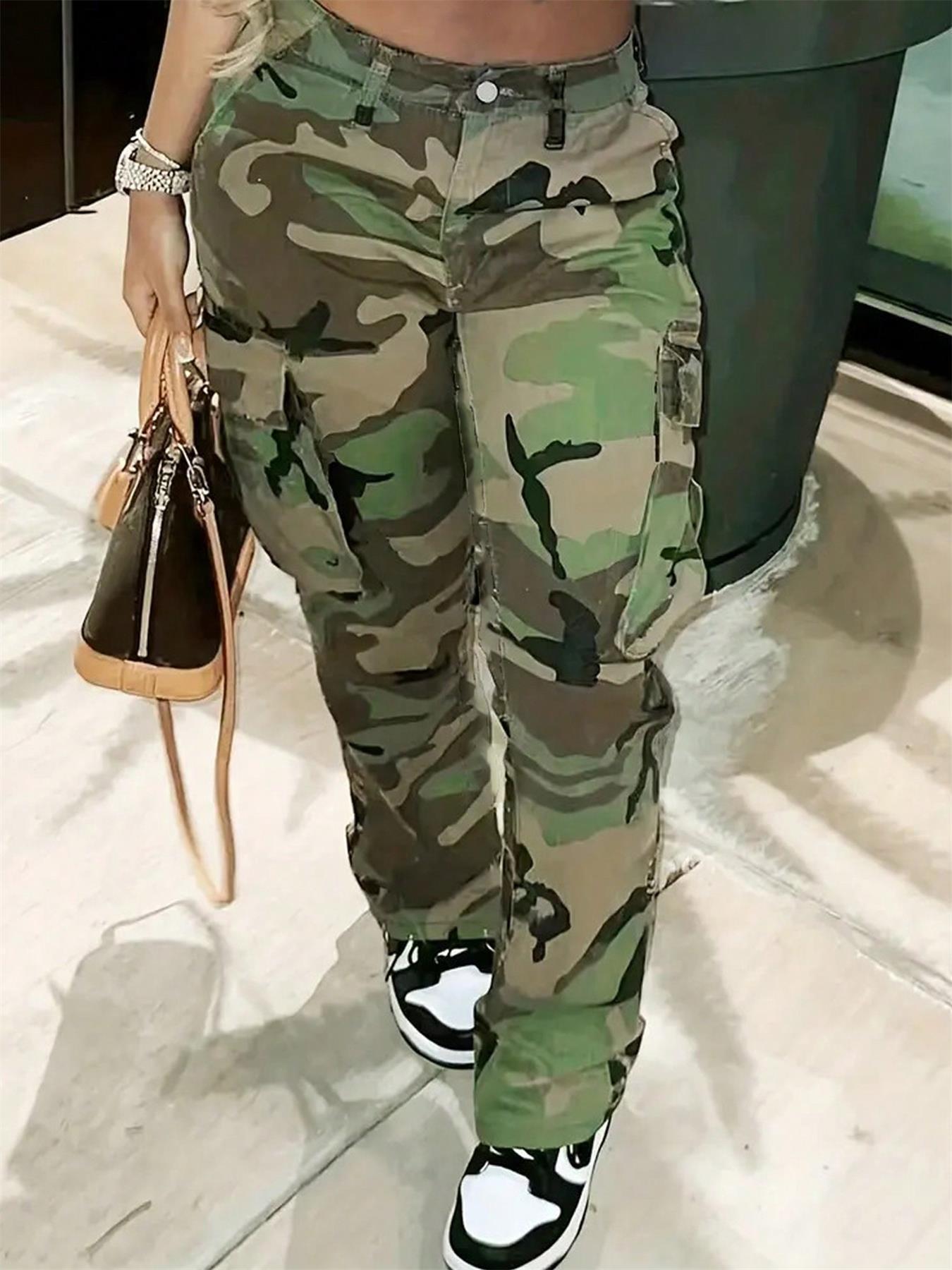 

Европейско-американские ретро женские камуфляжные брюки карго с высокой талией, широкими штанинами и накладными карманами - Стиль 8115 Extra Large