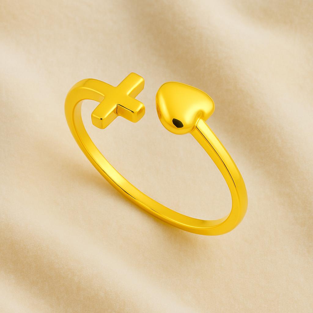 925 Sterling Silver Gold Vermeil Cross and Heart Open Adjustable Women Ring