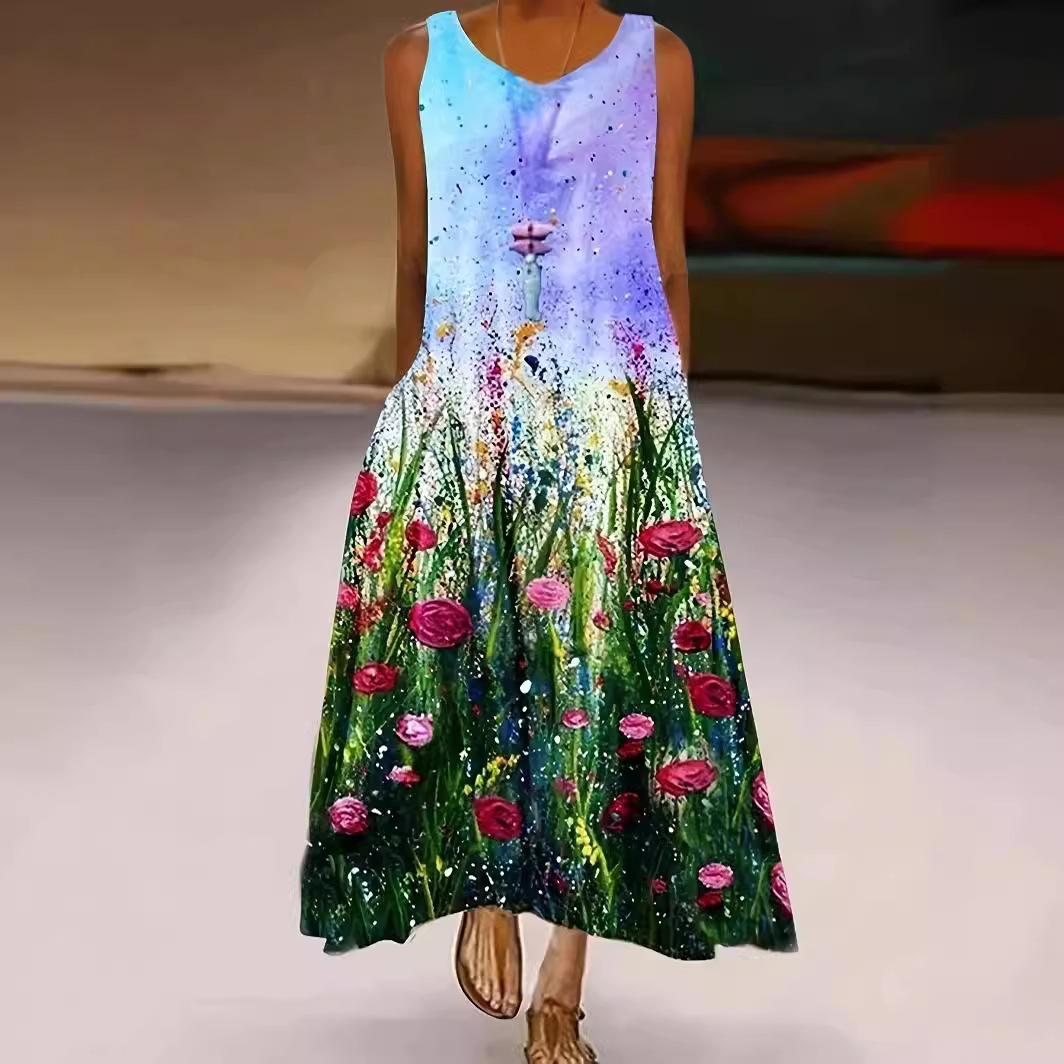 

Платье с цветочным принтом и 3D принтом, свободное винтажное женское платье, уличная одежда, элегантное повседневное платье-робо, женские модные платья до щиколотки 4XL зелёный/фиолетовый