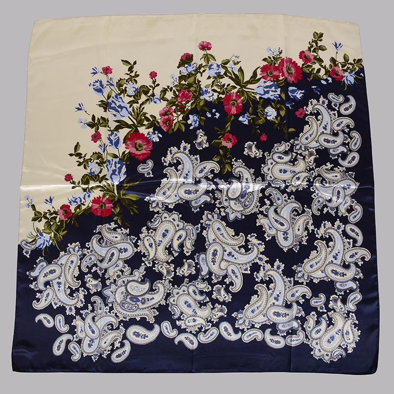 [BYSIFA] Spring Blue White Ladies Silk Scarf Hijab New Luxury Plaisley Satin Square Scarves Wraps Fashion Muslim Head Scarf Cape