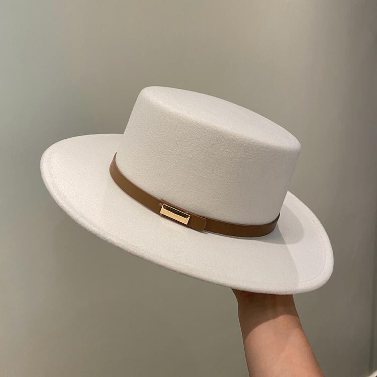 Autumn and Winter Flat Top Woolen Hat Children's Fashion Versatile Retro Black Top Hat British European and American Style Wide Eaves Jazz Hat Men