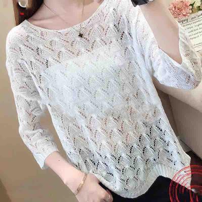 Spring and Summer Knitted Three-quarter Sleeve Bottoming Shirt Loose Large Size Hedging Short-sleeved Short-sleeved Female Korean Thin Hollow Shirt