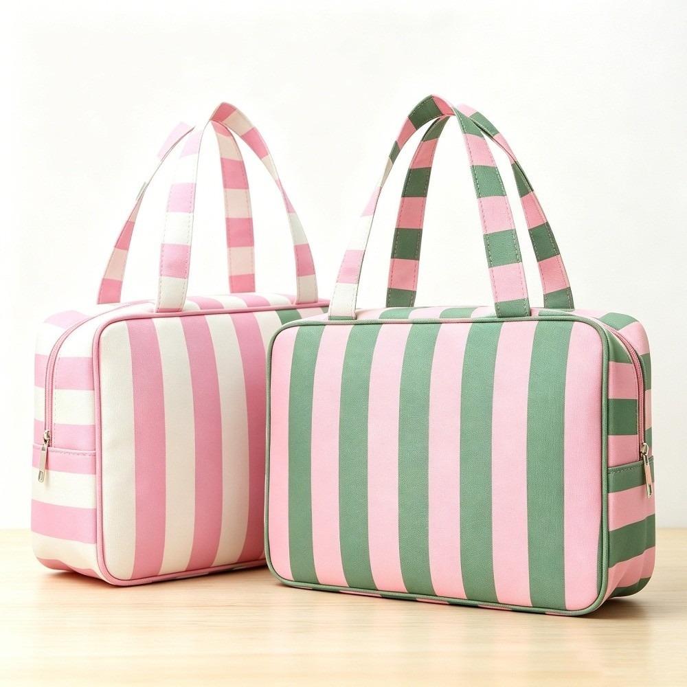 Large Capacity Travel Makeup Bag Collapsible Cosmetic Pouch Striped Toiletry Storage Bag Daily Use
