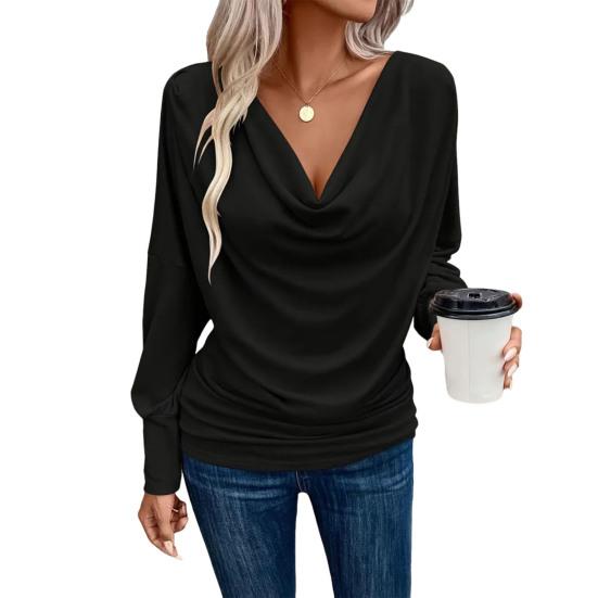 

Women Tops Pure Color Stacked Collar Long Sleeve Loose Fit Blouse Mid-length Casual XL
