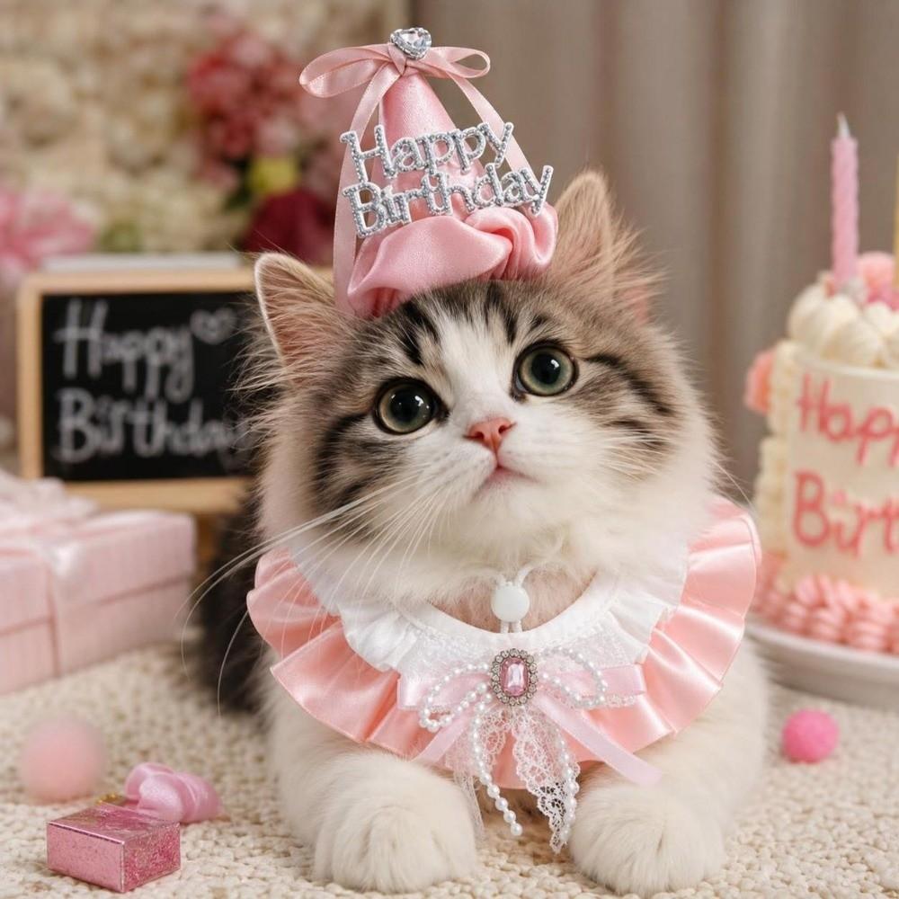 Bowknot Pet Birthday Hat Scarf Set Cute Cat Princess Hat Happy Birthday Cone Hat Puppy Costume