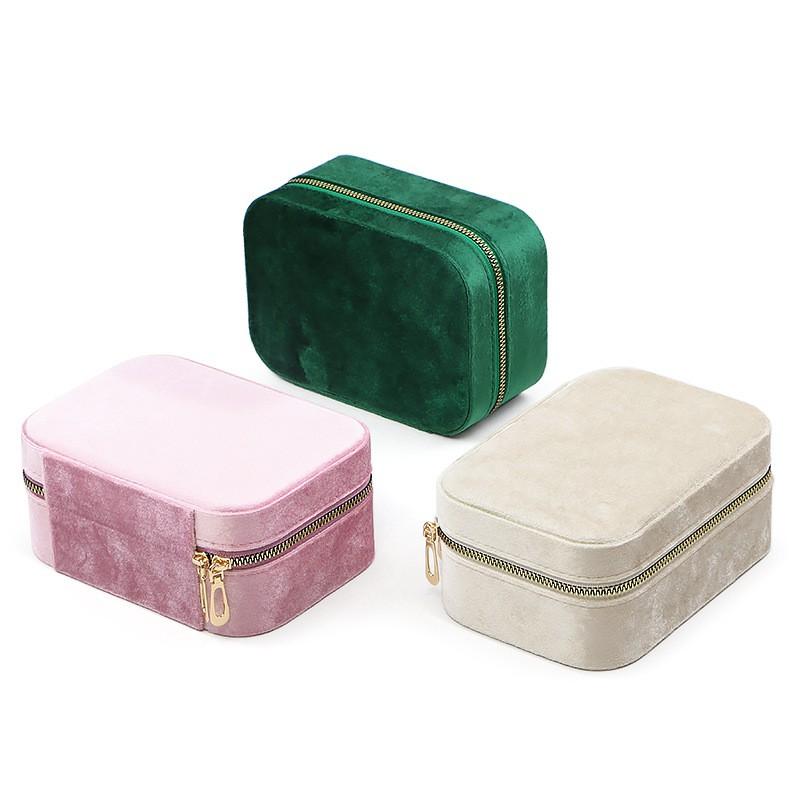 Luxury Velvet Double-Layer Zippered Jewelry Organizer Case Rings Necklaces Earrings Travel Storage