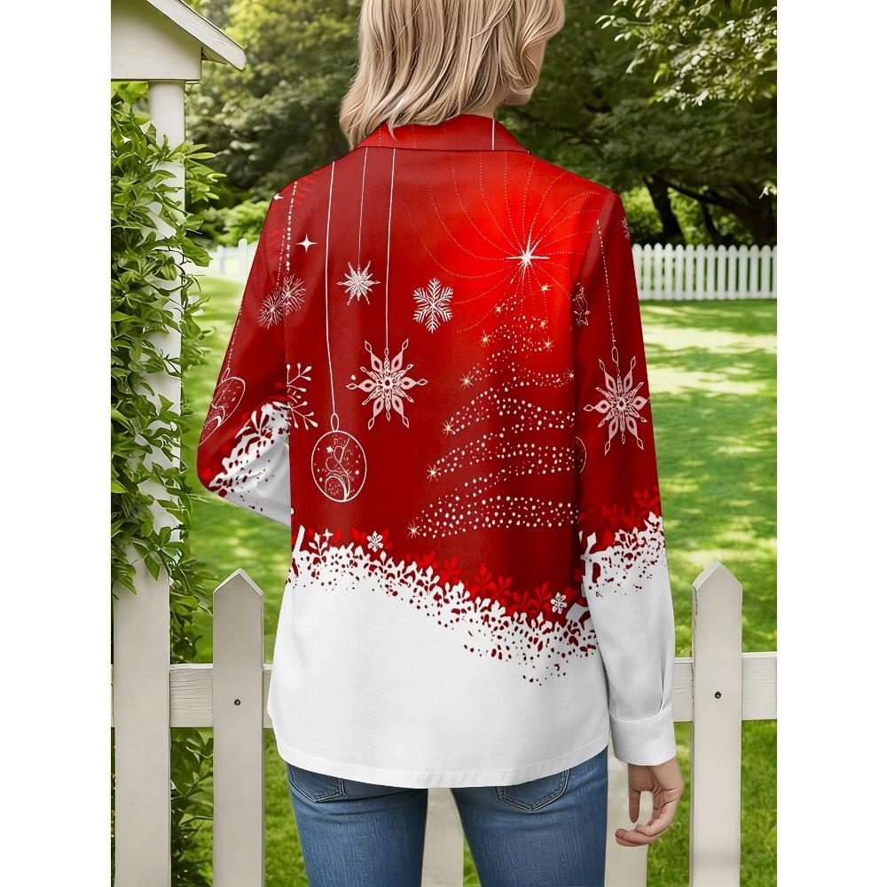 New women's casual long-sleeved shirt red background decoration snowflake Christmas tree pattern print