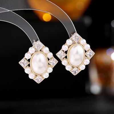 French Fashion Pearl Square Stud Earrings for Girls Luxury Jewellry Cubic Zirconia Statement Geometric Earring Jewelrys