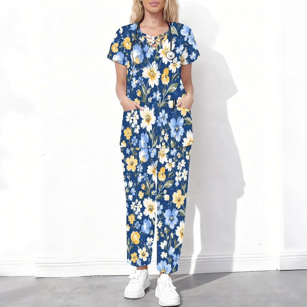 Women Plus Size White Floral Printed Scrub Set Cutout Neck Short Sleeve Pocket Top Long Pants Two Piece