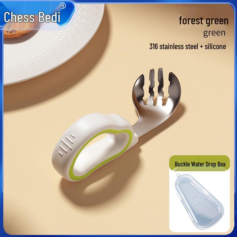 Infant Training Silicone Spoon & Fork Set - Stainless Steel, Short Handle, Bent Head for Learning To Eat