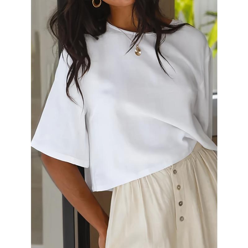 Vintage Ethnic Style Loose White 3 4 Sleeve Pullover Shirt Top