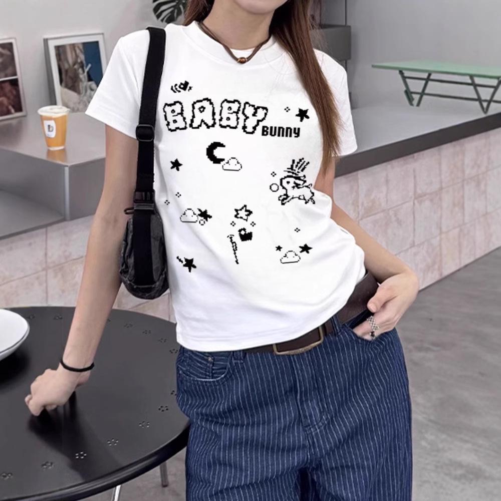 Summer New Cartoon Fun Printing Mobile Phone Sweet Spice Girl Short Sleeve T-Shirt Women's Casual Wear Versatile Top T-Shirt