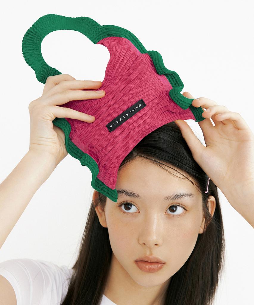 Pleatsmama Ruffle Mini Tote Bag Pink Green