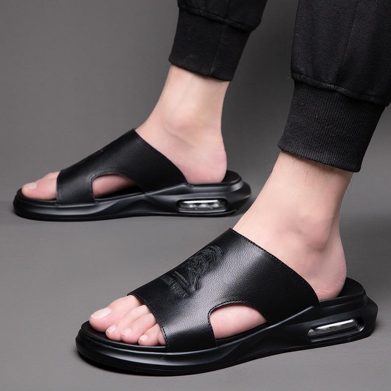 Men Genuine Leather Slipper Embroider Casual Sandals Comfortable Slides Cushion Beach Shoes